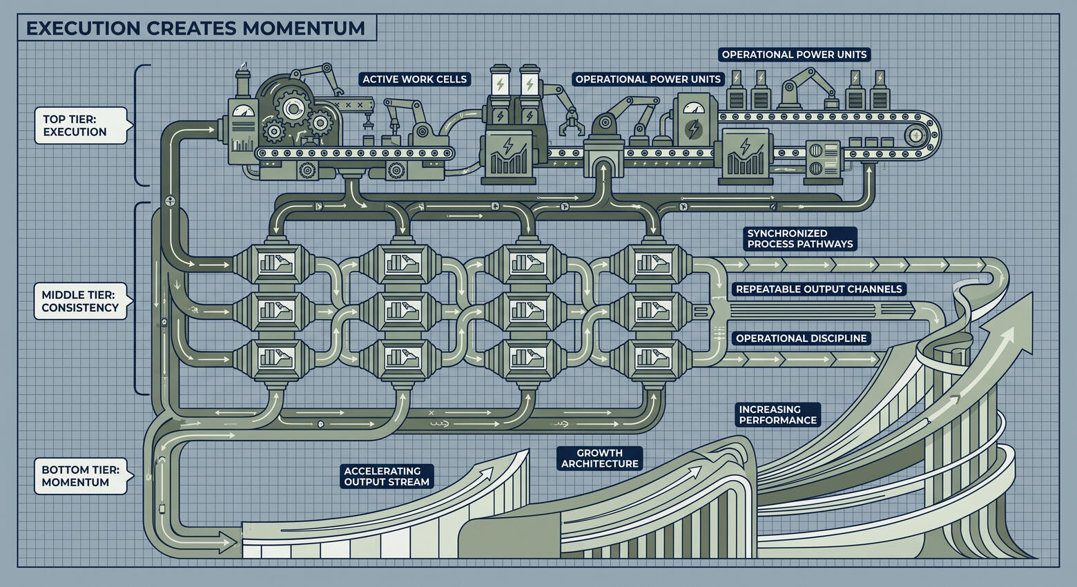 Execution Creates Momentum Blueprint-style capability development diagram showing productive execution flowing into repeatable performance and operational consistency, creating momentum through increasing capacity, accelerating outputs, and sustained organizational progress.