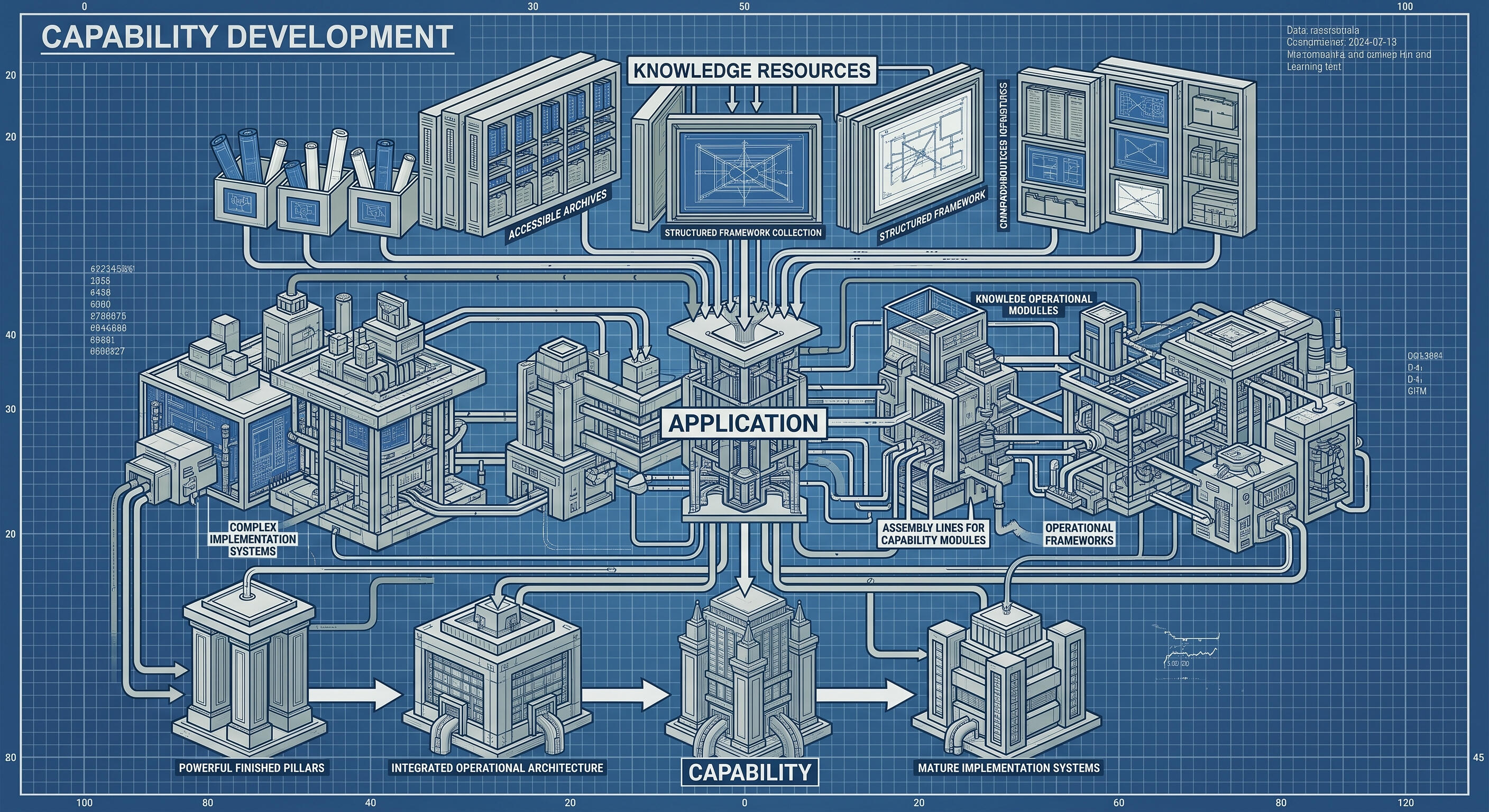 Capability Development Blueprint-style capability development diagram showing knowledge resources flowing through practical application systems to create organizational capability, integrated operational structures, and implementation readiness.