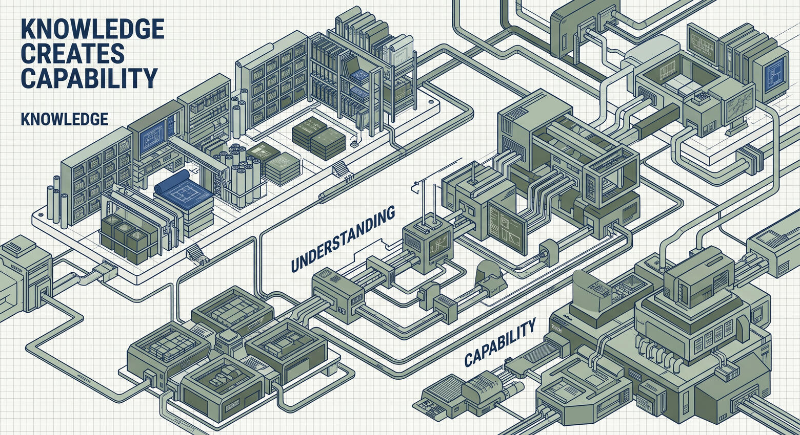 Knowledge Creates Capability Blueprint-style capability development diagram showing organized knowledge resources flowing through a process of understanding and integration to create practical capability and implementation readiness.