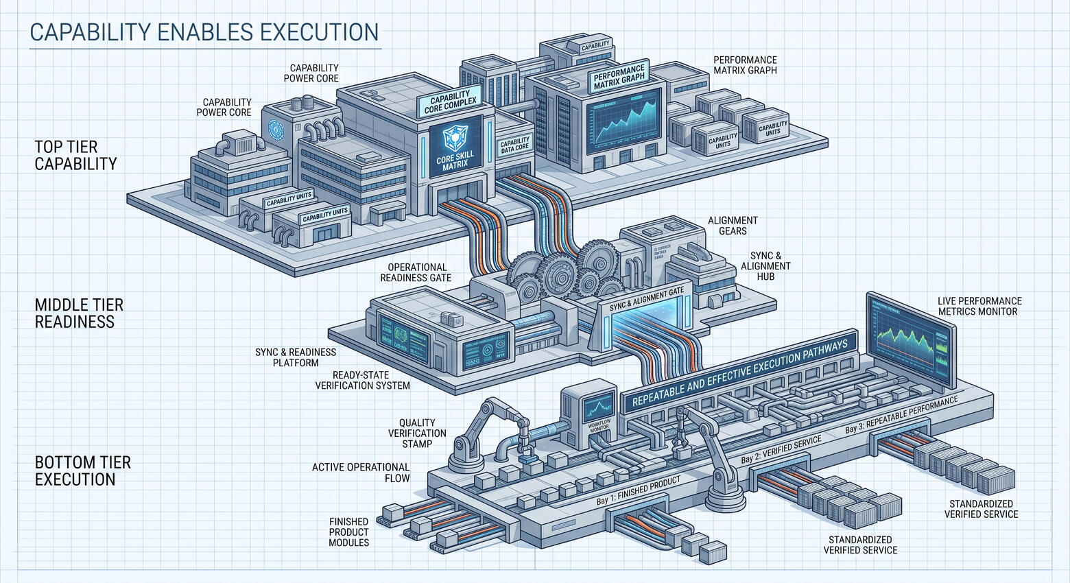 Capability Enables Execution Blueprint-style capability development diagram showing organizational capability developing into operational readiness and coordinated execution through aligned systems, producing repeatable performance and reliable outcomes.