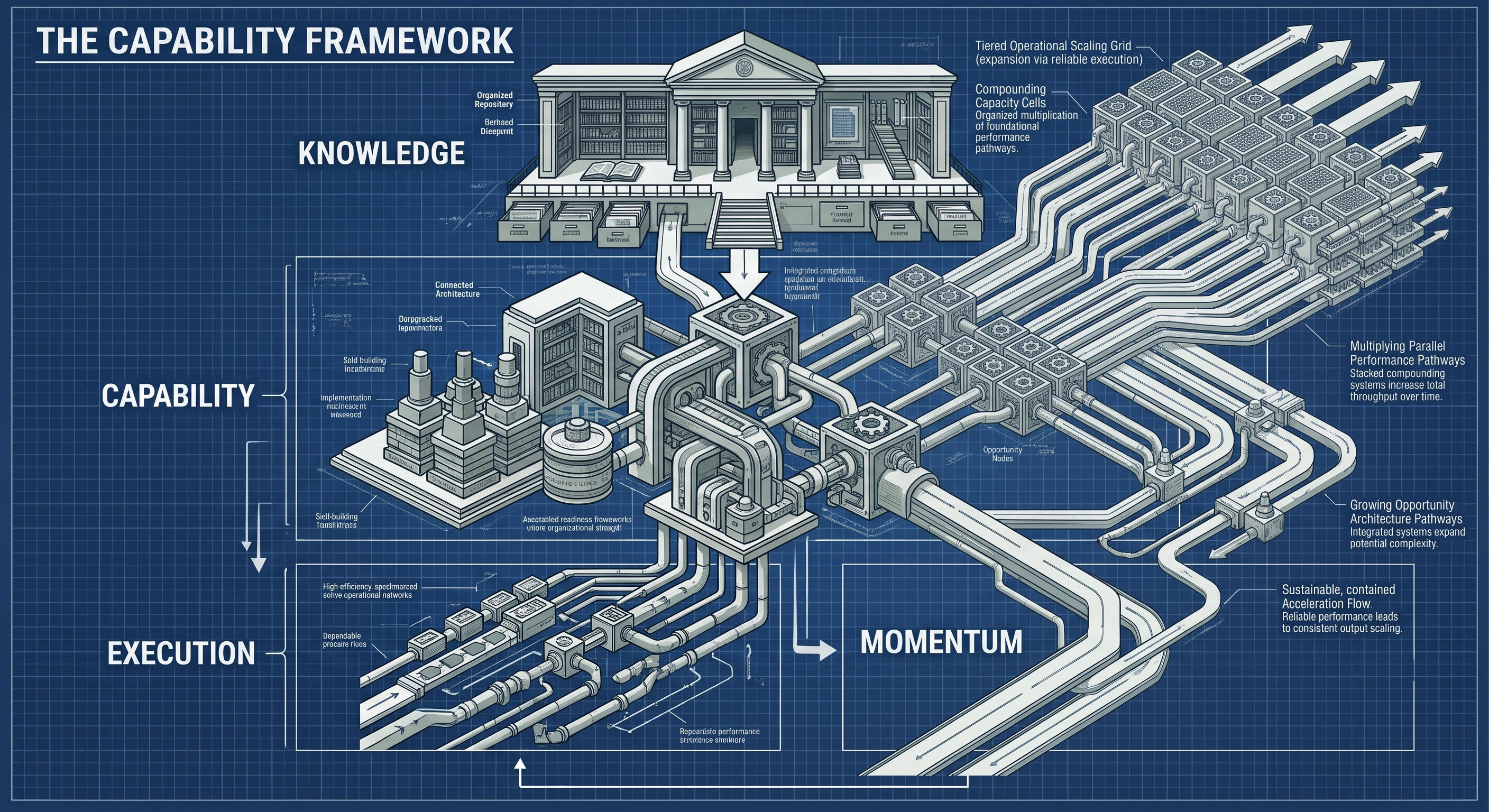 The Capability Framework Blueprint-style business acceleration framework showing knowledge resources developing into organizational capability, capability enabling execution through coordinated systems, and execution creating momentum through expanding capacity, increasing through