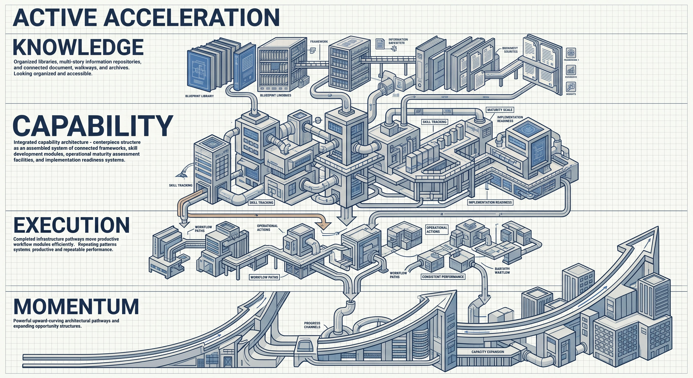 Active Acceleration Framework Blueprint-style business acceleration diagram illustrating how organized knowledge develops capability, capability enables execution, and execution creates momentum that drives progress, expansion, and business growth.