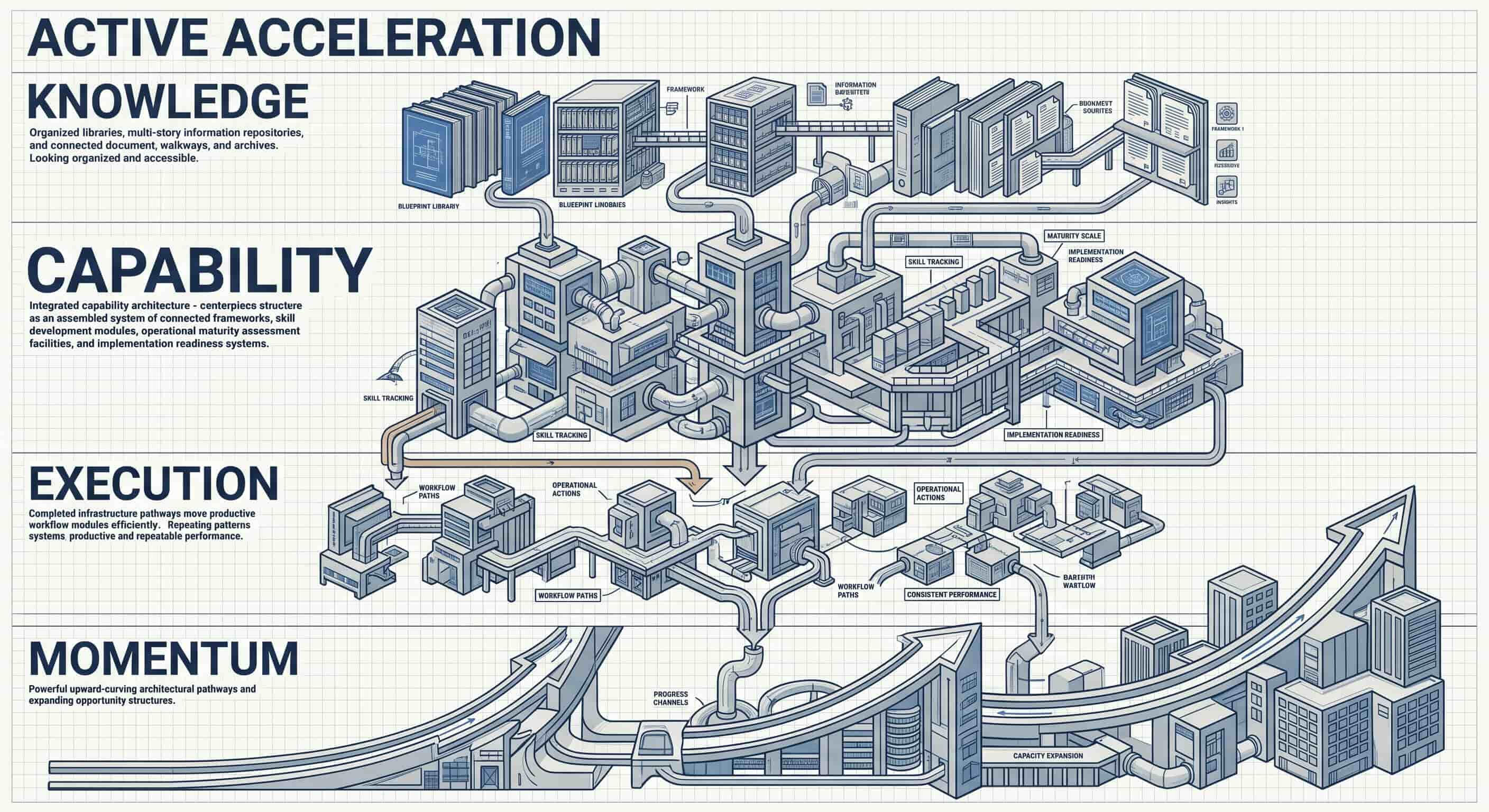 Active Acceleration Framework Blueprint-style business acceleration diagram illustrating how organized knowledge develops capability, capability enables execution, and execution creates momentum that drives progress, expansion, and business growth.